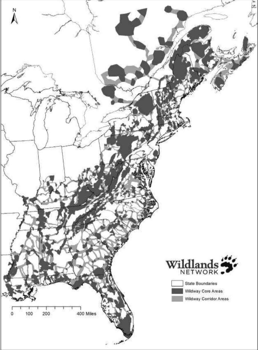 FIGURE O.2 Wildlands Network Eastern Wildway. This map represents a potential network of connected core habitat areas for biodiversity in eastern North America. It is expected that safeguarding these areas and connections will take years of land protection and restoration efforts, including conservationists working with private landowners on a voluntary basis. Core area boundaries are drawn broadly to include restoration areas around existing concentrations of natural habitat. Corridors follow available habitat pathways and modeled habitat connectivity priorities, and in many cases would need restoration of habitat and mitigation of road barriers to achieve functionality. � 2017 Wild Earth Society. This map is based in part on information provided by federal, state and provincial governments and various conservation organizations, who bear no responsibility for how the data are used. Image and caption reproduced with permission.