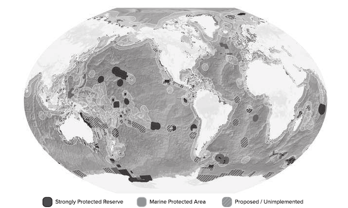 FIGURE 0.3 Global Marine Protected Areas (MPAs). The Marine Protection Atlas tracks areas designated by countries in waters under their control and on the high seas as designated by international agreement. The MP Atlas distinguishes between strongly protected MPAs (1.8 percent of the global ocean) and areas that have more limited protection (1.7 percent of the global ocean). The Global Ocean Refuge System evaluates the quality of MPAs based on extensive biological criteria. � 2018 Marine Conservation Institute. See http://mpatlas.org. Figure and caption reproduced with permission.