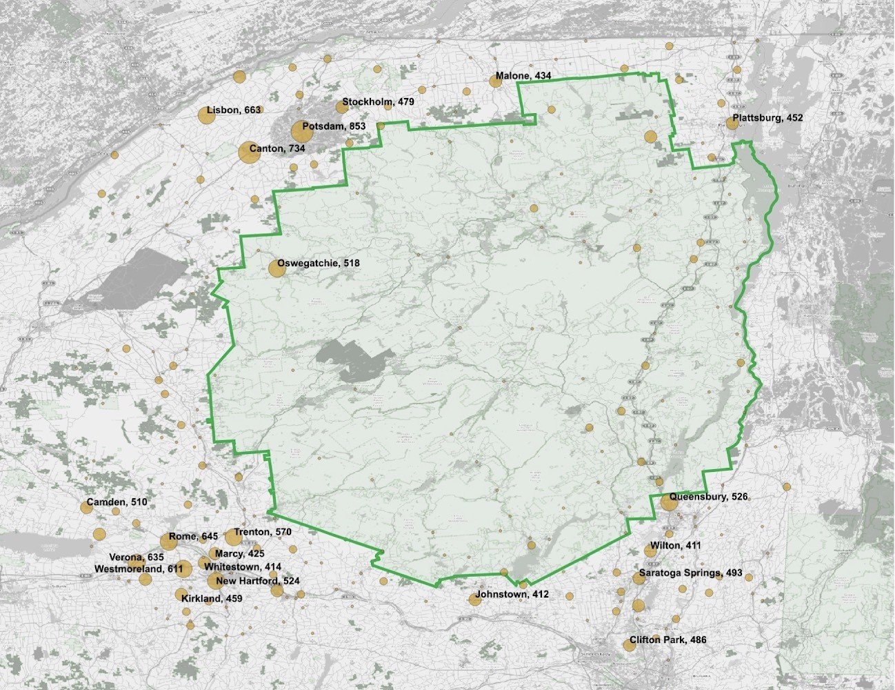 Figure 4: Animal-caused accidents by municipality for the 12 counties that contain part of Adirondacks Park, 2009-2018. Data compiled from ITSR and plotted via QGIS. Park boundary is denoted by the green line © Kevin Webb