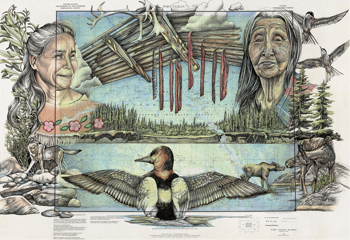 Lindsay Carron artwork representing Yukon flats featuring Julie Mahler and Clara Joseph.