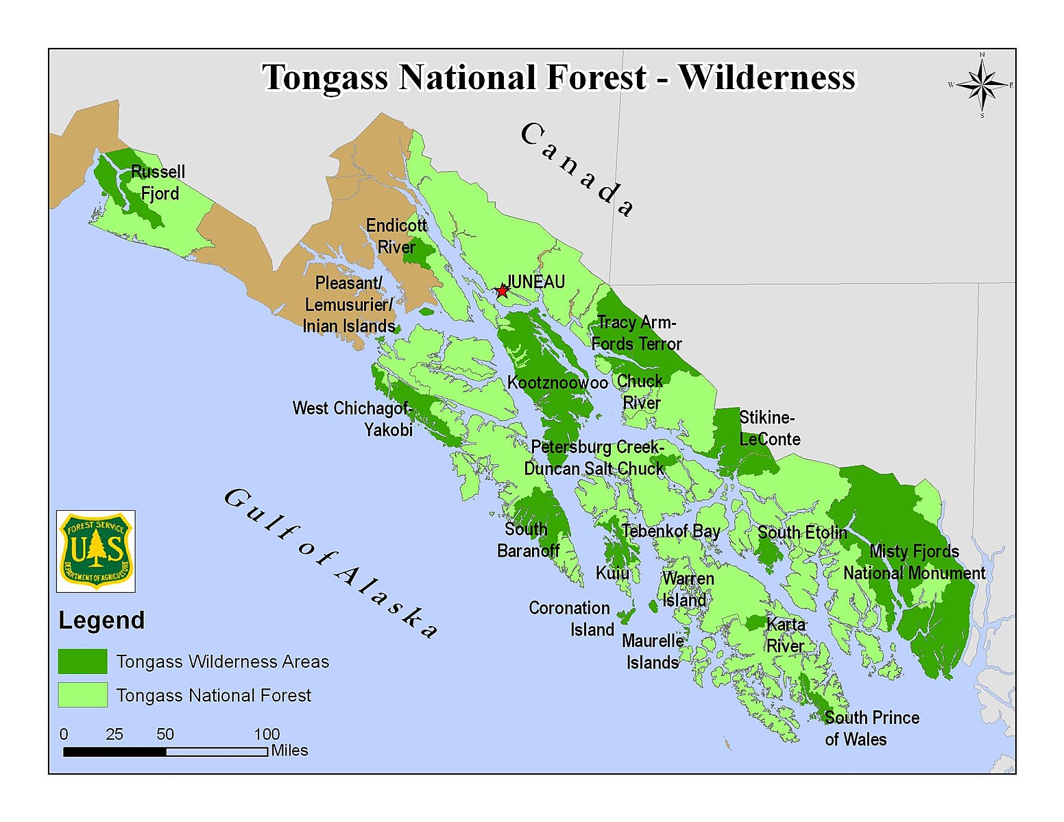 Forest Service map of the Tongass, with National Monuments and Wilderness Areas (Source: Wikipedia)