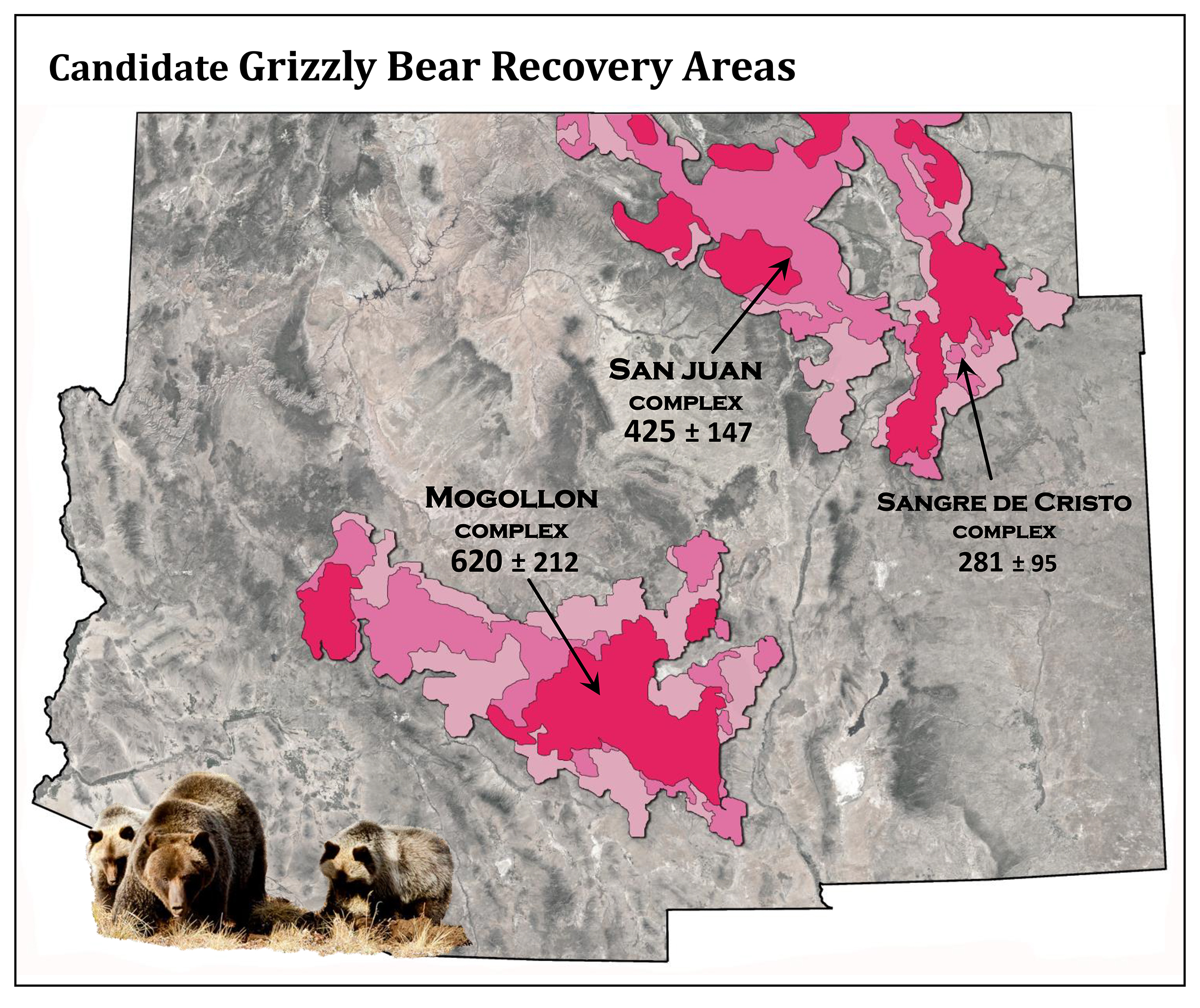 Figure 30 from Grizzly Bear for the Southwest: History & Prospects for Grizzly Bears in Arizona, New Mexico and Colorado Report, showing potential grizzly bear recovery areas in the Southwest
