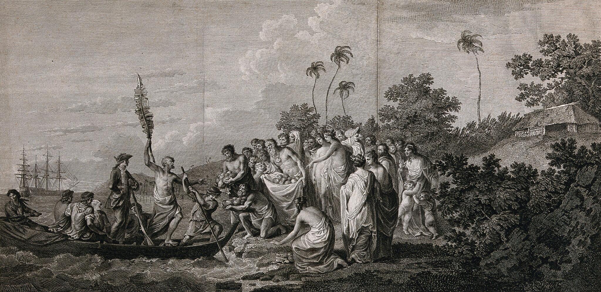 James Cook Arrives in Tonga, 1777. Engraving by J.K. Sherwin