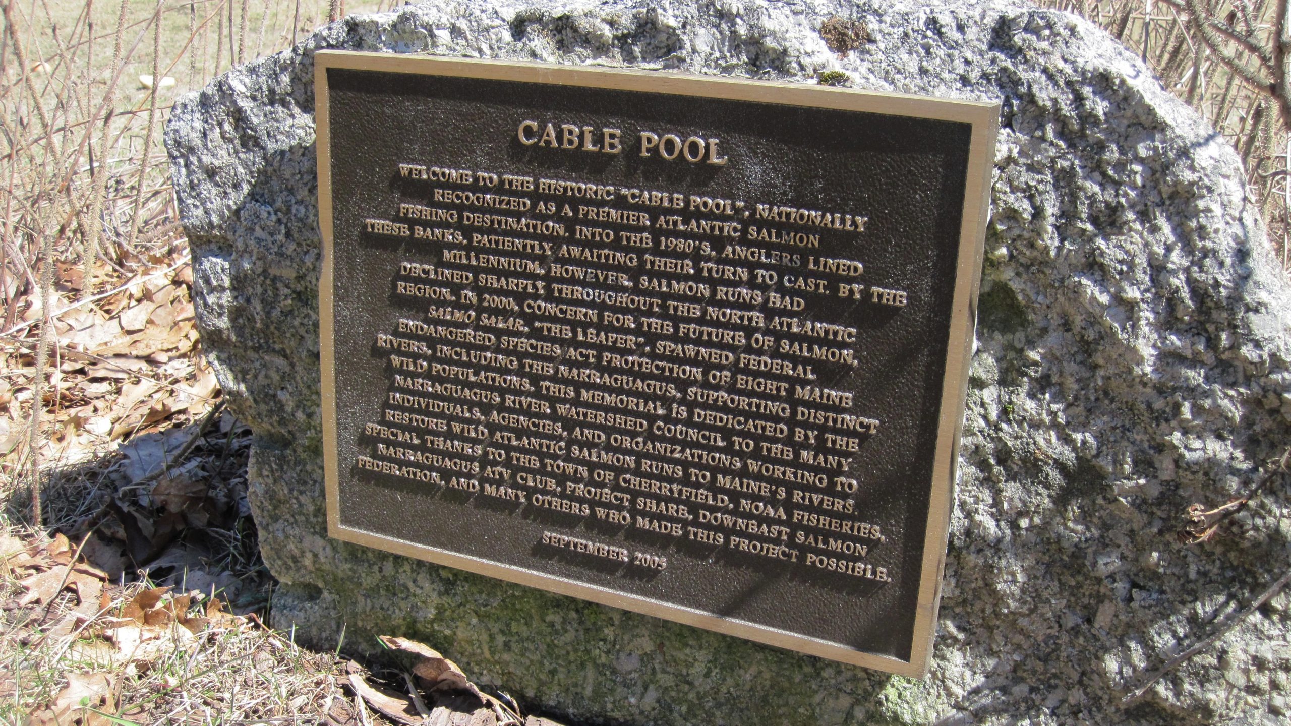 A plaque on the fabled Cable Pool on the Narraguagus River in Maine. (© Bob Mallard)