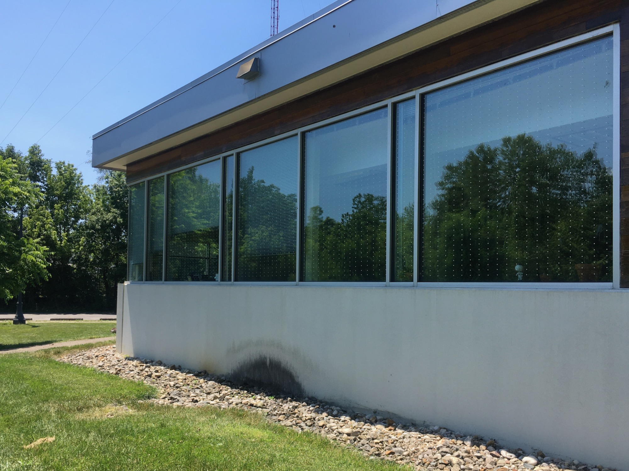 Bird-friendly dots on Heffner Wetland Research Building windows, Ohio (Photo by Kate McFarland)